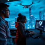 Two people monitoring a futuristic city.