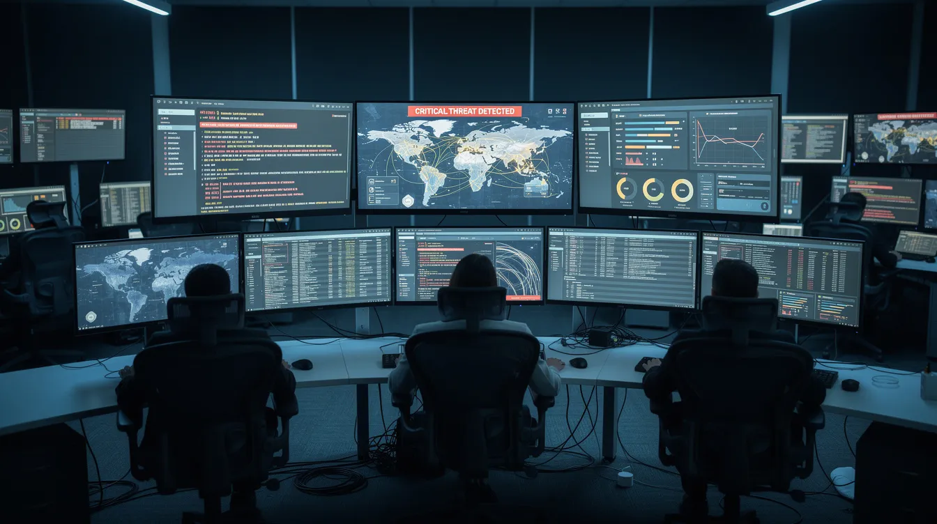 The image depicts a modern security operations center featuring multiple monitors that display various network dashboards and alert screens, showcasing real-time monitoring of security events and incidents. Security analysts are engaged in managing security data and threats, utilizing advanced SIEM solutions to enhance the organization's overall security posture.